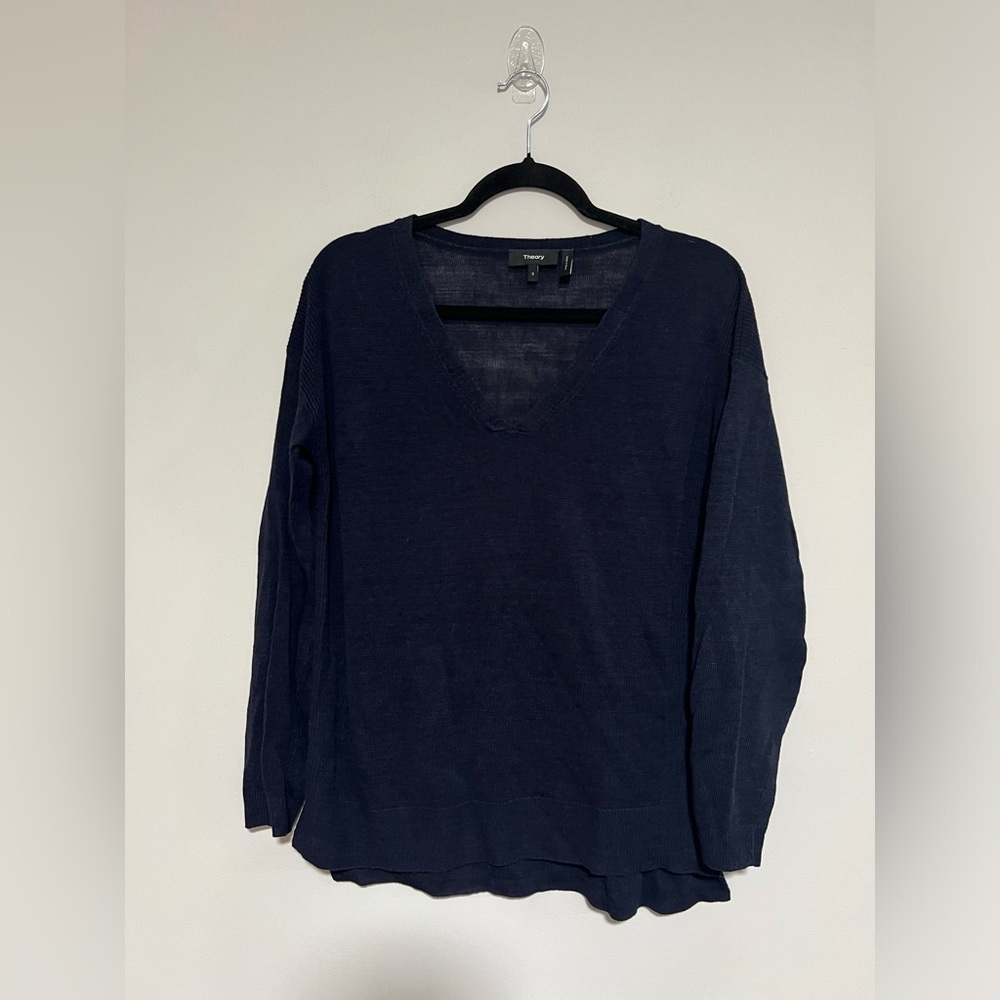Theory Linen Blend Open Knit V-Neck Sweater Small Classic Coastal Preppy Resort